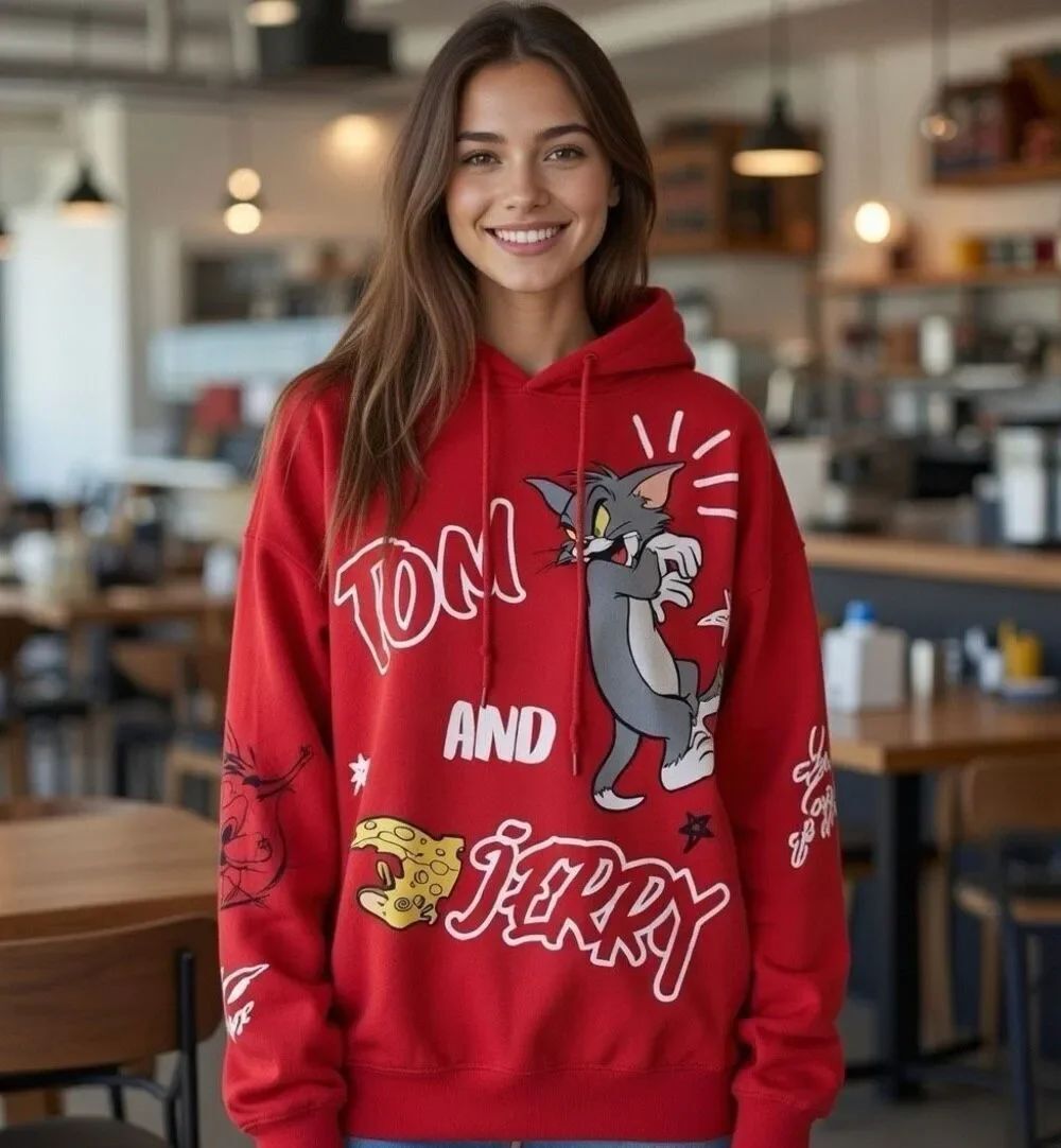 Red Tom And Jerry Sweatshirt Hoodie Two Sided Graphic Size YOUTH LARGE 20